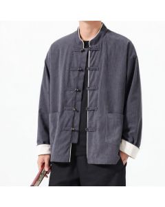 Buddha Stones Fall Winter Casual Tang Style Frog Button Solid Corduroy Men's Jackets With Pocket - Maroon / US/UK/AU40，EU50 (2XL)