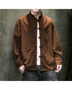 Buddha Stones Fall Winter Casual Tang Style Frog Button Solid Cotton Men's Jacket - Sienna / US/UK/AU36，EU46 (L)