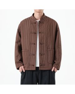 Buddha Stones Fall Winter Casual Tang Style Frog Button Solid Men's Jackets With Pocket - SaddleBrown / US/UK/AU36，EU46 (L)