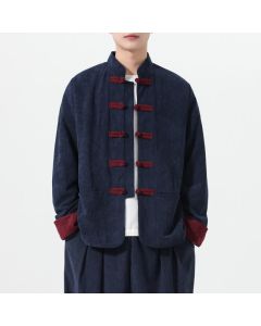 Buddha Stones Fall Winter Casual Tang Style Frog Button Solid Men's Jackets With Pockets - Navy / US/UK/AU36，EU46 (L)