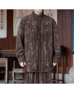 Buddha Stones Fall Winter Casual Tang Style Mandarin Collar Abstract Corduroy Men's Jackets - SaddleBrown / US/UK/AU36，EU46 (L)