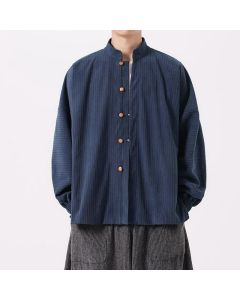 Buddha Stones Fall Winter Casual Tang Style Mandarin Collar Button-Up Solid Men's Jackets - MidnightBlue / US/UK/AU36，EU46 (L)