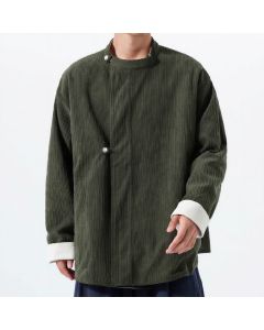 Buddha Stones Fall Winter Casual Tang Style Mandarin Collar Solid Corduroy Reversible Men's Jackets With Pocket - DarkOliveGreen / US/UK/AU36，EU46 (L)