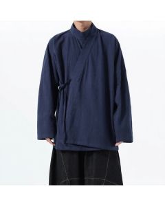 Buddha Stones Fall Winter Casual Tang Style Mandarin Collar Solid Cotton Long Sleeve Men's Kimonos - MidnightBlue / US/UK/AU36，EU46 (L)