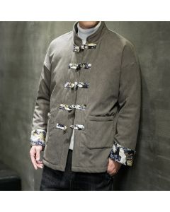 Buddha Stones Fall Winter Casual Tang Style Mandarin Collar White Crane Solid Men's Jacket With Pockets - SlateGray / US/UK/AU36，EU46 (L)