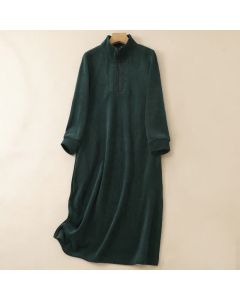 Buddha Stones Fall Winter Casual Tang Style Quarter Zip Solid Corduroy Women's Long Sleeve Dress With Pockets - DarkGreen / US4, UK/AU8, EU36 (L)