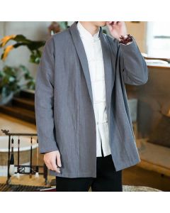 Buddha Stones Fall Winter Casual Tang Style Solid Cotton Long Sleeve Men's Kimonos - SlateGray / US/UK/AU40，EU50 (2XL)