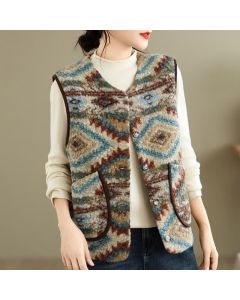 Buddha Stones Fall Winter Casual Vintage Button-Up Geometric Tank Top Women's Vest With Pocket - Tan / US4, UK/AU8, EU36 (L)