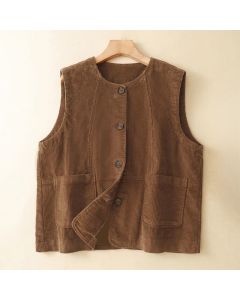 Buddha Stones Fall Winter Casual Vintage Button-Up Solid Corduroy Tank Top Women's Vest With Pockets - SaddleBrown / US4, UK/AU8, EU36 (L)