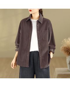 Buddha Stones Fall Winter Casual Vintage Button-Up Solid Corduroy Women's Jacket With Pockets - SaddleBrown / US4, UK/AU8, EU36 (L)