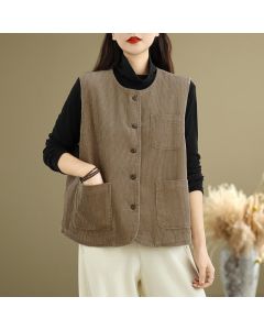 Buddha Stones Fall Winter Casual Vintage Button-Up Solid Tank Top Corduroy Women's Vest With Pockets - Tan / US4, UK/AU8, EU36 (L)