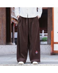 Buddha Stones Fall Winter Casual Vintage Drawstring Embroidery Solid Long Pants Men's Straight Leg Pants With Pockets - SaddleBrown / US/UK/AU36，EU46 (L)