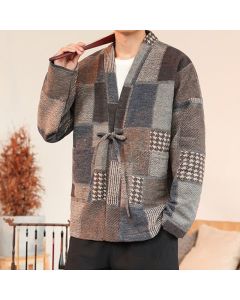 Buddha Stones Fall Winter Casual Vintage Drawstring Plaid Patchwork Men's Kimono With Pockets - Tan / US/UK/AU36，EU46 (L)