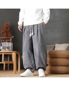 Buddha Stones Fall Winter Casual Vintage Drawstring Solid Ankle Pants Corduroy Men's Straight Leg Pants With Pockets - Gray / US/UK/AU36，EU46 (L)