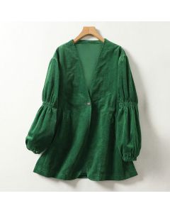 Buddha Stones Fall Winter Casual Vintage Drawstring Solid Green Corduroy V-Neck Women's Jacket With Pockets - ForestGreen / US4, UK/AU8, EU36 (L)