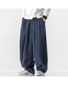 Buddha Stones Fall Winter Casual Vintage Drawstring Solid Long Pants Corduroy Men's Straight Leg Pants With Pockets - MidnightBlue / US/UK/AU36,EU46 (L)