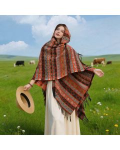 Buddha Stones Fall Winter Hooded Geometric Stripe Tassel Poncho Women's Shawl - Orange / 140*159cm