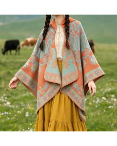 Buddha Stones Fall Winter Hooded Paisley Geometric Boho Poncho Style Shawl - Orange / 130*150CM
