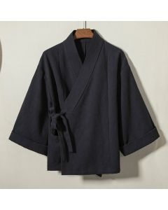 Buddha Stones Fall Winter Minimalist Drawstring V-Neck Lace-up Solid Cotton Men's Kimono - MidnightBlue / US/UK/AU36，EU46 (L)