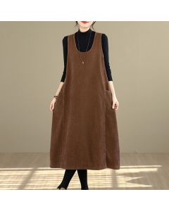 Buddha Stones Fall Winter Retro Simple Solid Corduroy Scoop Neck Women's Winter Sleeveless Dress With Pockets - Sienna / US6，UK/AU10，EU38 (XL)