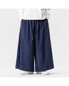 Buddha Stones Fall Winter Simple Classic Drawstring Solid Corduroy Ankle Pants Men's Wide Leg Pants With Pockets - MidnightBlue / US/UK/AU36，EU46 (L)