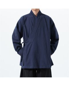 Buddha Stones Fall Winter Simple Tang Style Drawstring Solid Cotton Men's Kimono With Pocket - Navy / US/UK/AU36，EU46 (L)