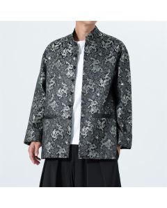 Buddha Stones Fall Winter Tang Style Elegant Mandarin Collar Abstract Dragon Men's Jacket With Pockets - Black / US/UK/AU36，EU46 (L)