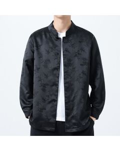 Buddha Stones Fall Winter Tang Style Elegant Mandarin Collar Floral Men's Long Sleeve Shirts - Black / US/UK/AU36，EU46 (L)