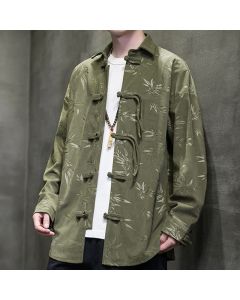 Buddha Stones Fall Winter Tang Style Frog Button Bamboo Print Corduroy Men's Long Sleeve Shirts - OliveDrab / US/UK/AU36，EU46 (L)