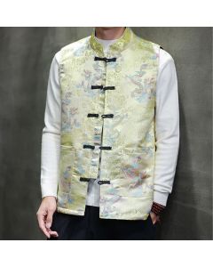 Buddha Stones Fall Winter Tang Style Mandarin Collar Dragon Phoenix Tank Top Men's Vest With Pockets - LightGoldenrodYellow / US/UK/AU36, EU46 (L)