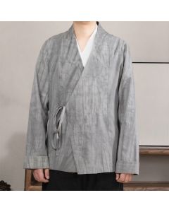 Buddha Stones Fall Winter Tang Style Minimalist Drawstring Solid Cotton Long Sleeve Men's Kimonos - Silver / US/UK/AU36，EU46 (L)