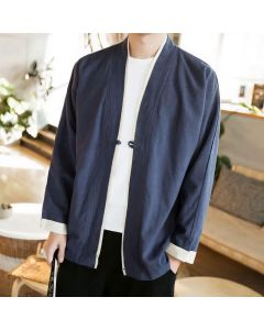 Buddha Stones Fall Winter Tang Style Minimalist Frog Button Solid Cotton Men's Kimonos - Navy / US/UK/AU36，EU46 (L)