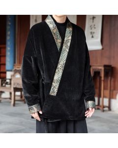 Buddha Stones Fall Winter Tang Style Vintage Drawstring Waves Trim Men's Kimono - Black / US/UK/AU36，EU46 (L)