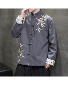 Buddha Stones Fall Winter Tang Style Vintage Frog Button Bamboo Cotton Linen Men's Jacket - DimGray / US/UK/AU36，EU46 (L)