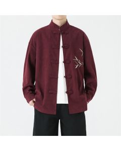 Buddha Stones Fall Winter Tang Style Vintage Frog Button Bamboo Embroidery Corduroy Men's Jacket - Maroon / US/UK/AU36,EU46 (L)
