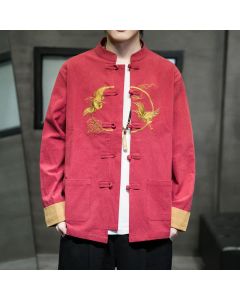 Buddha Stones Fall Winter Tang Style Vintage Frog Button Crane Clouds Embroidery Pattern Cotton Men's Jacket With Pockets - Crimson / US/UK/AU36，EU46 (L)