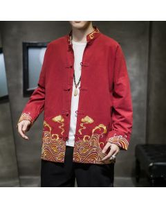Buddha Stones Fall Winter Tang Style Vintage Frog Button Embroidery Clouds Pattern Cotton Men's Jacket - FireBrick / US/UK/AU36，EU46 (L)