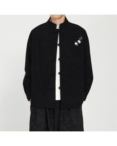 Buddha Stones Fall Winter Tang Style Vintage Frog Button Embroidery Floral Corduroy Men's Jacket With Patch Pocket - Black / US/UK/AU36，EU46 (L)