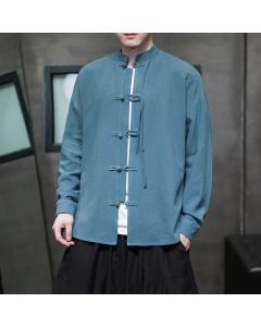 Buddha Stones Fall Winter Tang Style Vintage Frog Button Solid Cotton Linen Men's Jacket - CadetBlue / US/UK/AU36，EU46 (L)