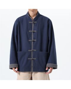 Buddha Stones Fall Winter Tang Style Vintage Frog Button Solid Cotton Men's Jacket With Pockets - Navy / US/UK/AU36，EU46 (L)