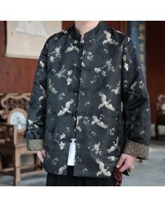 Buddha Stones Fall Winter Tang Style Vintage Mandarin Collar Crane Print Men's Jackets With Pocket - Red-crowned Cranes / US/UK/AU36，EU46 (L)