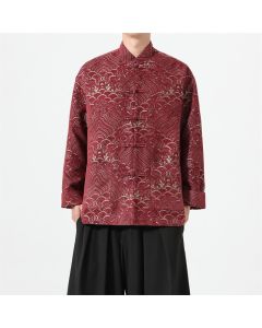 Buddha Stones Fall Winter Tang Style Vintage Mandarin Collar Frog Button Cloud Pattern Spandex Men's Jacket With Pockets - AntiqueWhite / US/UK/AU36，EU46 (L)