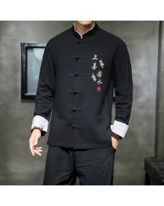 Buddha Stones Fall Winter Tang Style Vintage Mandarin Collar Frog Button Embroidery Character Solid Men's Long Sleeve Shirts - Black / US/UK/AU36, EU46 (L)
