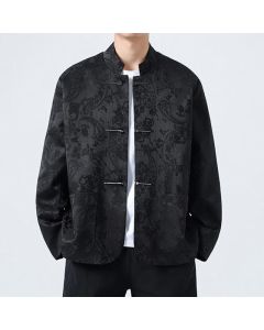 Buddha Stones Fall Winter Tang Style Vintage Mandarin Collar Frog Button Floral Men's Jackets With Pocket - Black / US/UK/AU36，EU46 (L)
