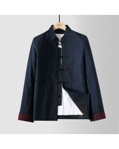Buddha Stones Fall Winter Tang Style Vintage Mandarin Collar Frog Button Solid Men's Jackets With Pocket - Navy / US/UK/AU36，EU46 (L)