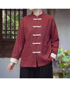 Buddha Stones Fall Winter Tang Style Vintage Mandarin Collar Frog Button Solid Women's Jackets With Pocket - FireBrick / US4，UK/AU8，EU36 (L)