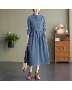 Buddha Stones Fall Winter Tang Style Vintage Mandarin Collar Solid Corduroy Women's Long Sleeve Dress With Pocket - LightPink / US6, UK/AU10, EU38 (XL)