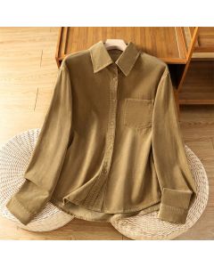 Buddha Stones Fall Winter Vintage Button-Up Solid Corduroy Women's Long Sleeve Shirts With Pocket - Peru / US4, UK/AU8, EU36 (L)