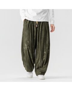 Buddha Stones Fall Winter Vintage Casual Drawstring Dragon Long Pants Corduroy Men's Harem Pants With Pockets - DarkOliveGreen / US/UK/AU36，EU46 (L)