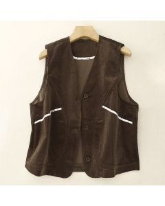 Buddha Stones Fall Winter Vintage Casual V-Neck Button-Up Solid Corduroy Tank Top Women's Vests With Pocket - SaddleBrown / US4, UK/AU8, EU36 (L)